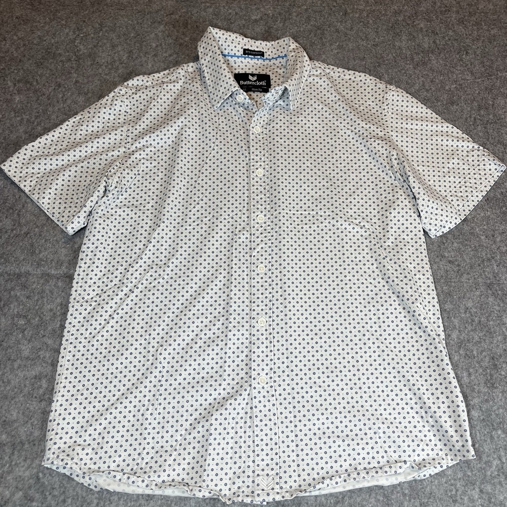 Buttercloth Icy Cotton Shirt Men's XL Slim Fit Short Sleeve Button-Up Geometric